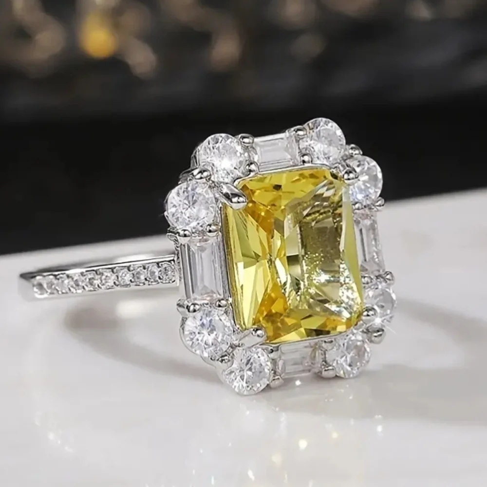 New Princess Square Cut Citrine Vice Stone Women Ring
